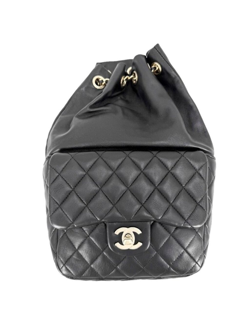 Chanel Backpack CC Logo Quilted Drawstring Leather Black Gold